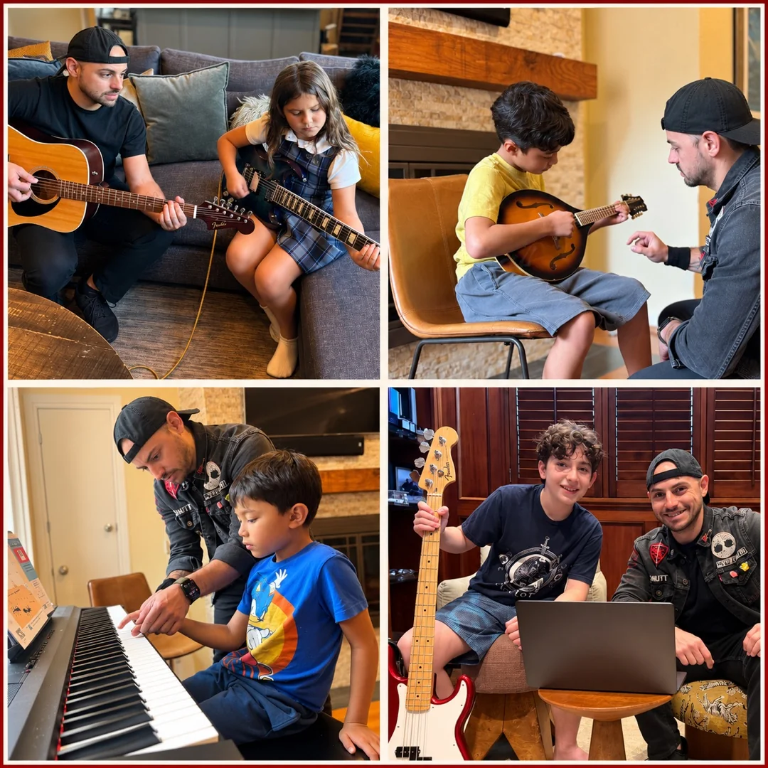Four in-home lesson moments with Mr. Garrett and students playing guitar, mandolin, piano, and bass